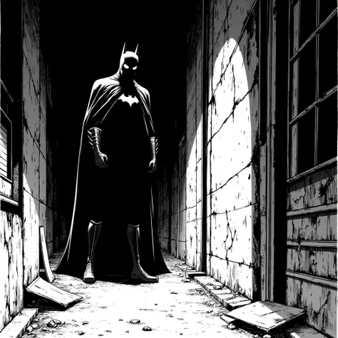 Black-and-white manga style, Batman stands silently in a shadowed corner, his figure barely visible except for the glowing white eyes under his cowl. His cape drapes around him, blending into the darkness, making him appear almost part of the shadows. The ...