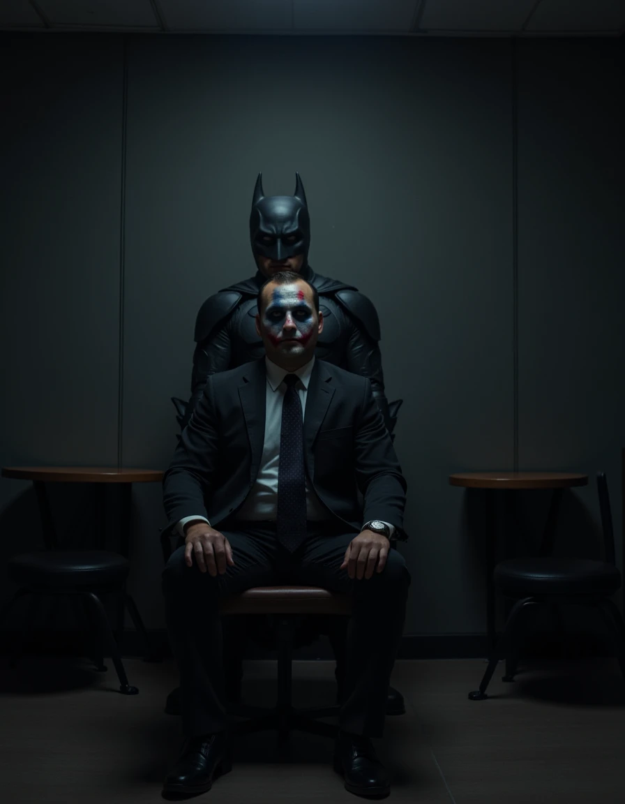 In an interrogation room, a man sits with Joker face paint, wearing a suit. Batman stands behind him, both staring directly at the camera. The room is dimly lit, creating an intense, suspenseful atmosphere <lora:Tayfun:1>