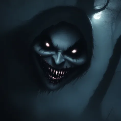 A grin so sharp, it cuts the night, The eerie glow, a chilling sight  Objects: (sharp, jagged grin with glowing teeth):2.5, (sinister face partially obscured in shadow):2, (elongated grin slicing through the darkness):2, (faint glow around the grin):2, Env...