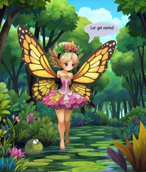 Mercedes the fairy princess with spread butterfly wings holding holding a red jewel, thoughtful, cute, lily pad, frog. forest landscape at the background. talking to a cartoonish frog speech bubble saying "Lets get started" screenshot of the game odin sphe...