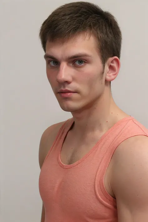 closeup photo, <lora:sc_doug_sd15_epoch_7:0.8> caucasian male, dgperson wearing coral tank-top shirt, white background