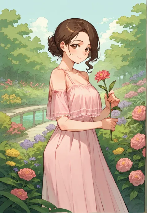 score_8_up, score_7_up, score_6_up, source_anime, 1girl, solo, garden, flowers
standing, pose, contrapposto, arched back, cowboy shot, holding flower
smile, brown hair,
 <lora:Long_Dress:1> long dress, bare shoulders, detached sleeves, lace, pink dress