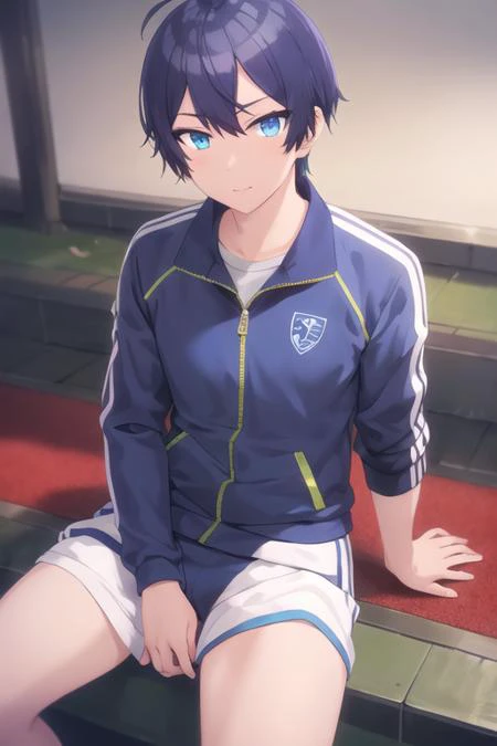 masterpiece, best quality, ultra-detailed, illustration, 1boy, solo, male focus, looking at viewer, , , <lora:sueharu_maru:0.78>, sueharu_maru, blue eyes, blue hair, track suit