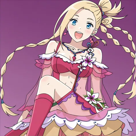 <lora:MediumOConnell:1>, medium, tall woman, long cream blonde hair, has 2 braids, 2 knots, and an unique style, wears clothes, that reveal her shoulders, and legs, which are red, white, pink, magenta, with flower accessoires, carries two barbarian swords,...