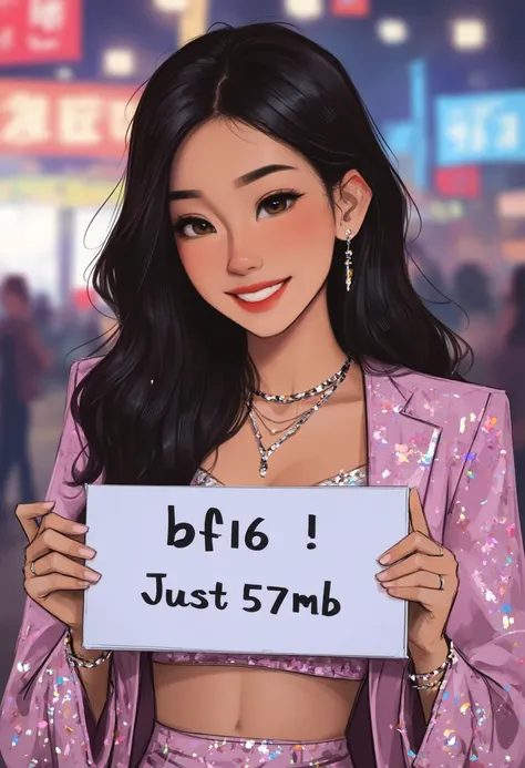 a digital painting in samyangstyle a young woman with a bold, bright smile and a sparkly outfit inspired by Korean fashion trends, shallow depth of field, bokeh, professional photography with cinematic lighting, k-pop princes, holding a sign with the text ...