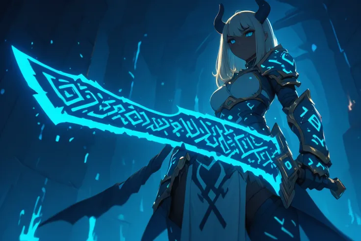 A demon woman with horns in armor holding a sword, the blade is outlined in glowing and had glowing symbols along the blade, dungeon in background, runesword, masterpiece, best quality, highly detailed, sharp focus, dynamic lighting