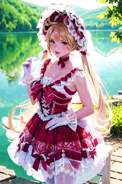 (masterpiece, best quality:1.2),illustration,8k,hd,1 girl,blonde hair,very long hair,solo,(collarbone:1.2),looking at viewer,twintails,
chrismas E,red dress,white gloves,frills,bonnet,bare shoulders,big breasts,outdoors,(day, lake:1.5),extremely detailed d...