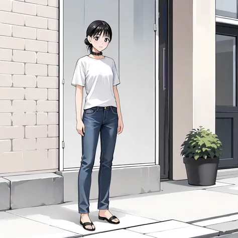 <lora:Ndy_KanaXLpony001>,
outdoors,
solo,
Kana,1girl,black hair,single hair bun,black eyes,
collar,
white shirt,short_sleeves,jeans pants,
full body,standing,