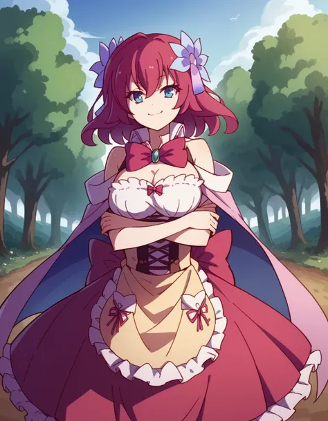 score_9, score_8_up, score_7_up, source_anime, <lora:stephanie-dola-s1-ponyxl-lora-nochekaiser:1>, stephanie dola, blue eyes, hair ornament, flower, red hair, hair flower, large breasts,, dress, bow, bare shoulders, cape, red bow, gemstone, apron, skirt, f...