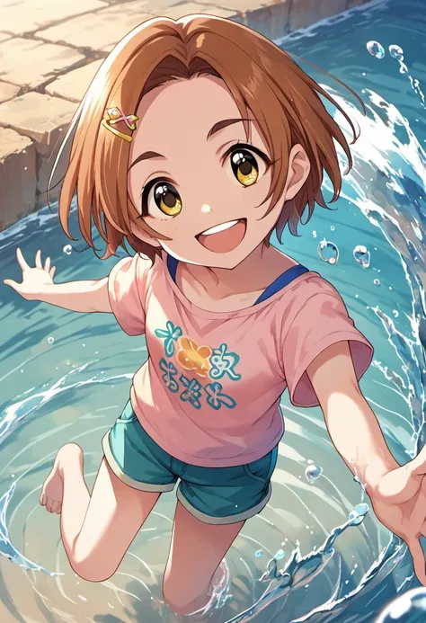 score_9, score_8_up, score_7_up, source_anime, ryuuzaki kaoru, short hair, yellow eyes, brown hair, 1girl, hairclip, hair ornament, solo, smile, water, open mouth, barefoot, shorts