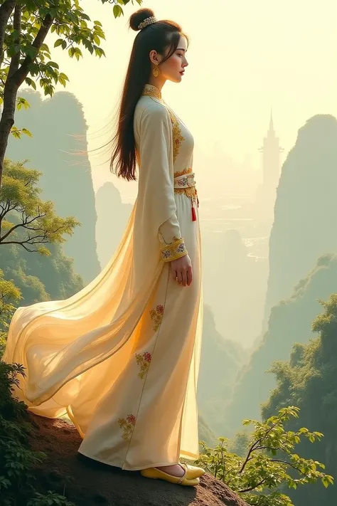 A serene Chinese woman, clad in traditional attire, stands atop a misty mountain. Soft, golden sunlight dances through the trees, enveloping her in a halo of ethereal light. The delicate folds of her clothing shimmer as the wind whispers through the forest...