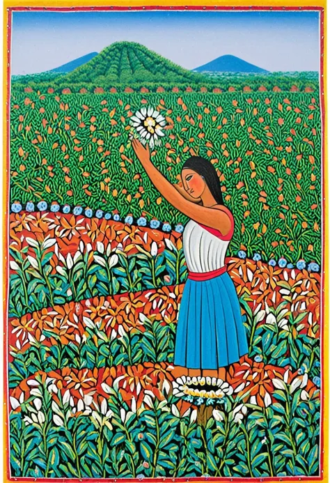 A young woman picking flowers, (Nicaragua Primitivism), high detail