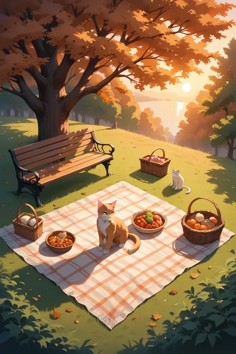 score_9, score_8_up, score_7_up, source_anime, rating_safe, bright, evening, natural lighting, outdoors-park focus, Park_picnic blanket, Park_picnic basket, brown_Park_bench, Park_tree, white fur, 1cat, autumn leaves, intricately detailed illustration, Can...