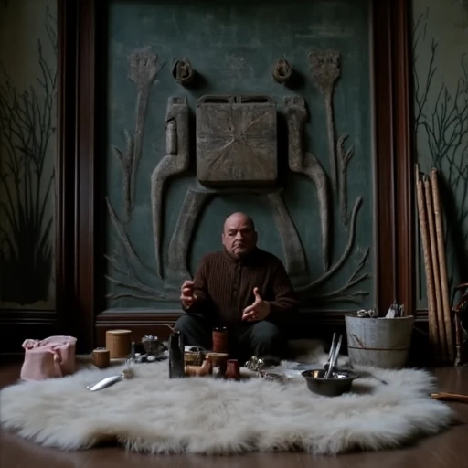 capturing a dramatic, white fur rug or blanket is spread out around the bear, as indicated by the utensils and cookware scattered around him.  The floor is cluttered with various items including a wooden bucket, dark green wall adorned with a large, dark r...