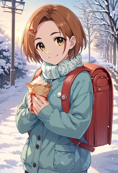 score_9, score_8_up, score_7_up, source_anime, ryuuzaki kaoru, short hair, yellow eyes, brown hair, 1girl, backpack, randoseru, solo, bag, snow, hair ornament, smile, food, hairclip