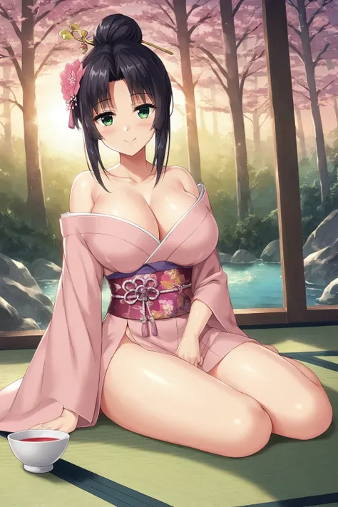 score_9, score_8_up, score_7_up, source anime,
sitting, looking at viewer, head tilt, happy, blush,
1girl, <lora:Ero Mahou Gakuen - Uzuki Kaguya v1:0.8>, uzuki kaguya, hair up, hair bun, black hair, hair flower, green eyes, large breasts,
pink kimono, hair...