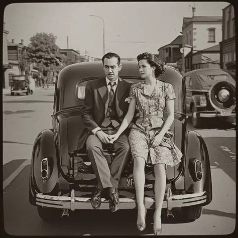 1930s photography mode, monochrome, a couple sits on the trunk of a vintage car, their hands lightly touching as traffic passes by.