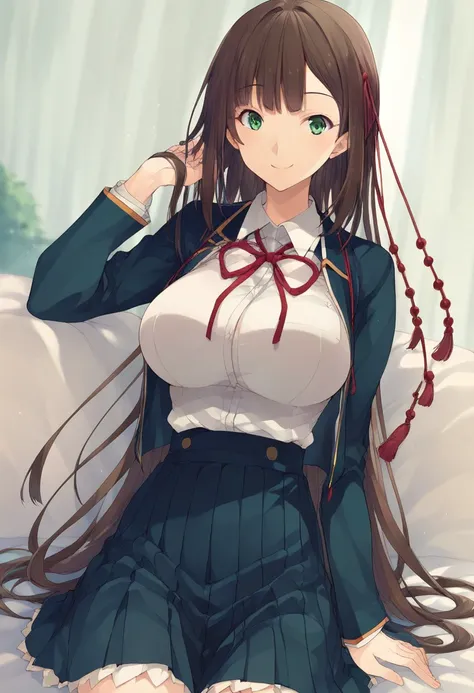 Shinonome Satsuki, Green Eyes, Long Hair, Hair Accessory, Side Hair, Blunt Bangs, Brown Hair, Large Breasts, 1 girl, score_9, score_8_up, score_7_up, score_6_up, score_5_up, score_4_up ,BREAK source_anime, anime, smile, looking at viewer, school uniform,