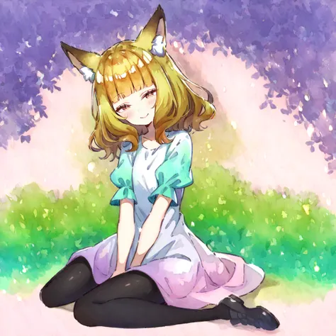 best quality, very aesthetic, absurdres,(watercolor (medium):0.1), (pastel colors:1.5), [realistic::0.2], 
1girl, [blonde:ginger:0.5] hair, curl inward hair, (long:1.2) hair, fox ears, blunt bangs, brown eyes,(large breasts:-1), (white blouse:1.2), short s...