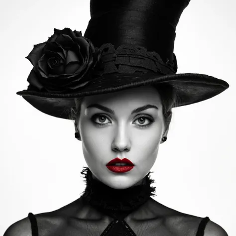 A black-and-white portrait of a woman exuding gothic elegance, her striking appearance framed by a tall, ornate hat adorned with a single dark rose. Her face presents a surreal duality—one half smooth and flawless, the other cracked like fragile porcelain....