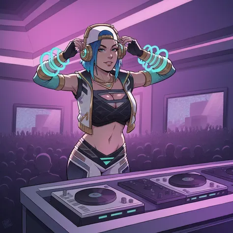 score_9, score_8_up, score_7, AmaDivBtSmi, dancing, dj, dj booth, rave, crowd, party, lights, music, mixing console, turn table,
 1girl, huge breasts, looking at viewer, blue hair, medium hair, elbow gloves, midriff, fingerless gloves, necklace, bracelet, ...