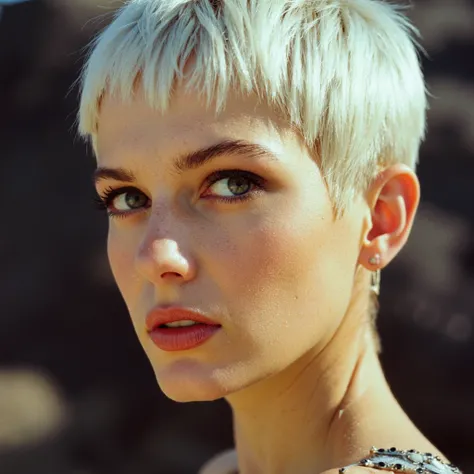 perfectskinv1, beautiful woman with short white hair, extremely detailed face, skin, hair, and eyes, photograph, high-octane, Kodak UltraMax 400, 800mm lens, without bluer, without bokeh 