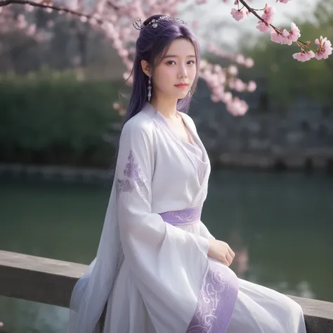 <lora:ponyyunxiao20v:1>,score_9,score_8,score_7_up,source_real,real skin BREAK yunxiao,medium_shot,looking at viewer,night,white and silver dress,peach blossom tree,purple hair