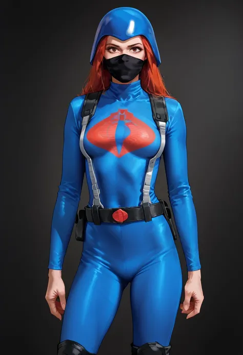 score_9, score_8_up, score_7_up, score_6_up, source_realistic, cowboy shot, BREAK 1girl, solo, cobratroop, blue bodysuit, red symbol, blue helmet, face mask, suspenders, belt, knee pads, boots,