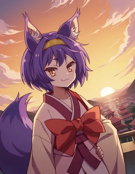 score_9, score_8_up, score_7_up, source_anime, <lora:izuna-hatsuse-s1-ponyxl-lora-nochekaiser:1>, izuna hatsuse, short hair, animal ears, purple hair, hairband, animal ear fluff, fox ears, slit pupils, yellow eyes,, bow, tail, japanese clothes, wide sleeve...