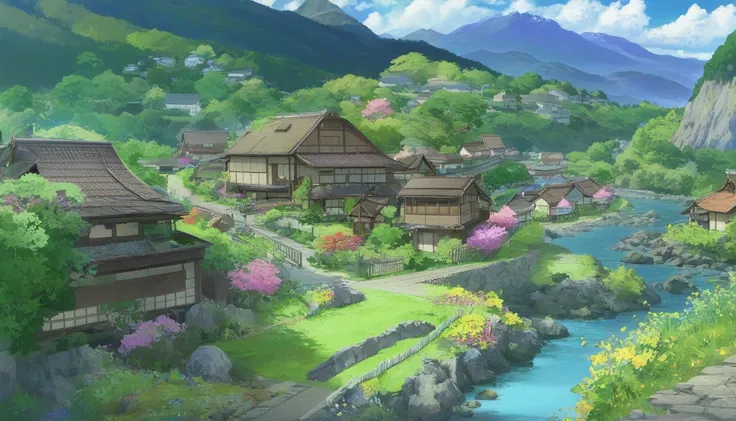 anime ,Sky,utsukushii Japan mountain village, houses, trees, river, vegetation, mountains in the distance, flowers, rocks, paths