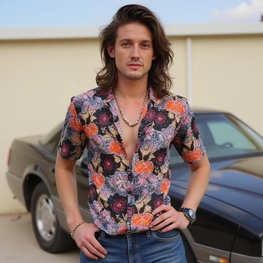 hawaiian shirt, jacket, jeans, bracelet, brown hair, necklace, car, hand on hip, simple background, ground vehicle