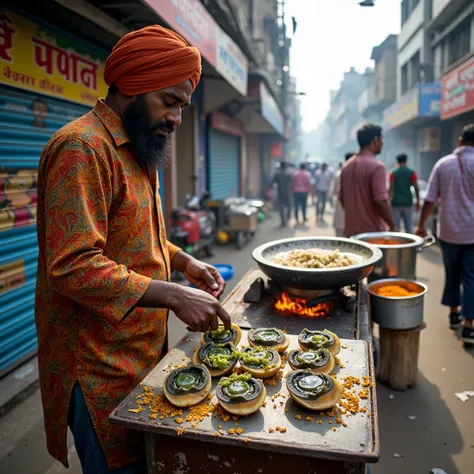 Street photography of a busy, chaotic Indian street food stall. An Indian vendor, wearing a colorful kurta and turban, is creatively preparing a fusion dish with twpeeg (century egg):

The vendors makeshift stall has a rusty metal frame with a tattered tar...