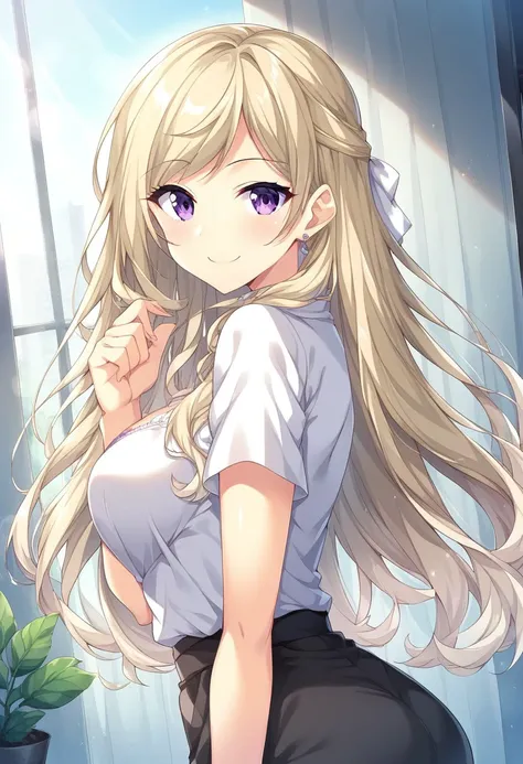 Half Updo, Blonde Hair, Violet Eyes, Long Hair, Naruse Saki, 1 girl, score_9, score_8_up, score_7_up, score_6_up, score_5_up, score_4_up ,BREAK source_anime, anime, smile, looking at viewer,