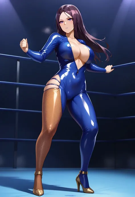 large breasts, , straight hair, open center, , high heels, , brown hair, , , long hair,  , ,, purple hair, shiny clothes, 1girl, blue bodysuit, purple eyes ,  long sleeves , , blue  , open center,  solo , 1 girl ,  , parted bangs ,  , blue catsuit ,  , sex...