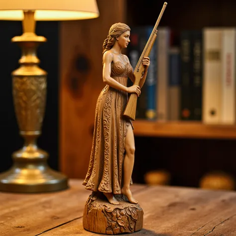 A finely carved wooden figurine of a woman in a lavish, flowing dress, holding a rifle with a poised stance. Her elegant dress cascades down in layered folds, meticulously etched with swirling patterns. She stands confidently atop a rustic wooden table, th...