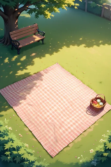 score_9, score_8_up, score_7_up, source_anime, rating_explicit, natural lighting, outdoors-park focus, Park_picnic blanket, Park_picnic basket, brown_Park_bench, brown-green_Park_tree, intricately detailed illustration, Candipark, from above, negative spac...