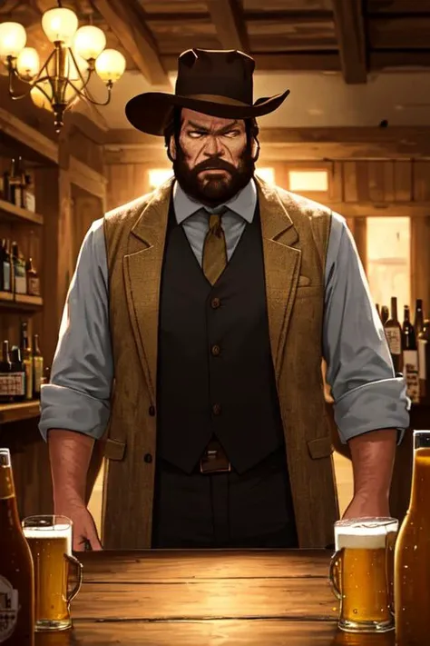 A robust man, Bud Spencer, Western scene, sitting at a rough-hewn wooden table in a bustling saloon, seemingly lost in thought. He has a full, unshaven beard and an old hat. A (big beer mug) in front of him. In the background, a vibrant scene unfolds: patr...