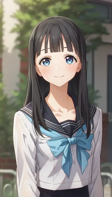 score_9,score_8_up,score_7_up,score_6_up BREAK official art,solo,outdoors,upper body,(portrait:1.5),looking at viewer,facing viewer,smile,blush,Komichi Akebi,long hair,black hair,straight hair,blunt bangs,blue eyes,collarbone,school uniform,black sailor co...