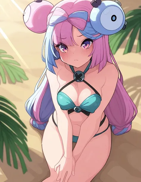 1girl ,( iono (pokemon):0.8), beach,  bikini, medium breasts, light frown, sunlight,
<lora:kakure_eria_style_illustrious01_v1:1>