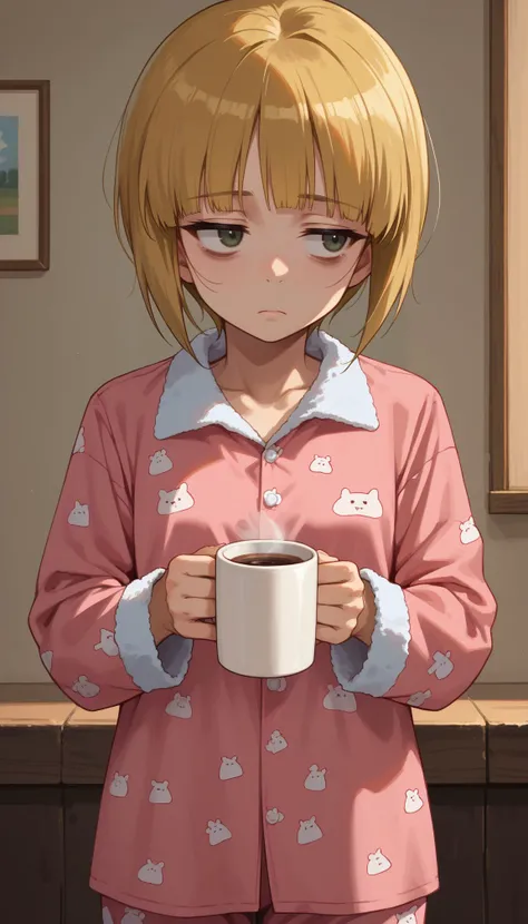 score_9, score_8_up, score_7_up, score_6_up, , solo,
 <lora:Cutlass:1> Cutlass _Girls_und_panzer, 1girl, short hair, blonde hair,ellow eyes, small breasts, blunt bangs, tired, looking away, standing, holding coffee mug, bags under eyes, pajamas