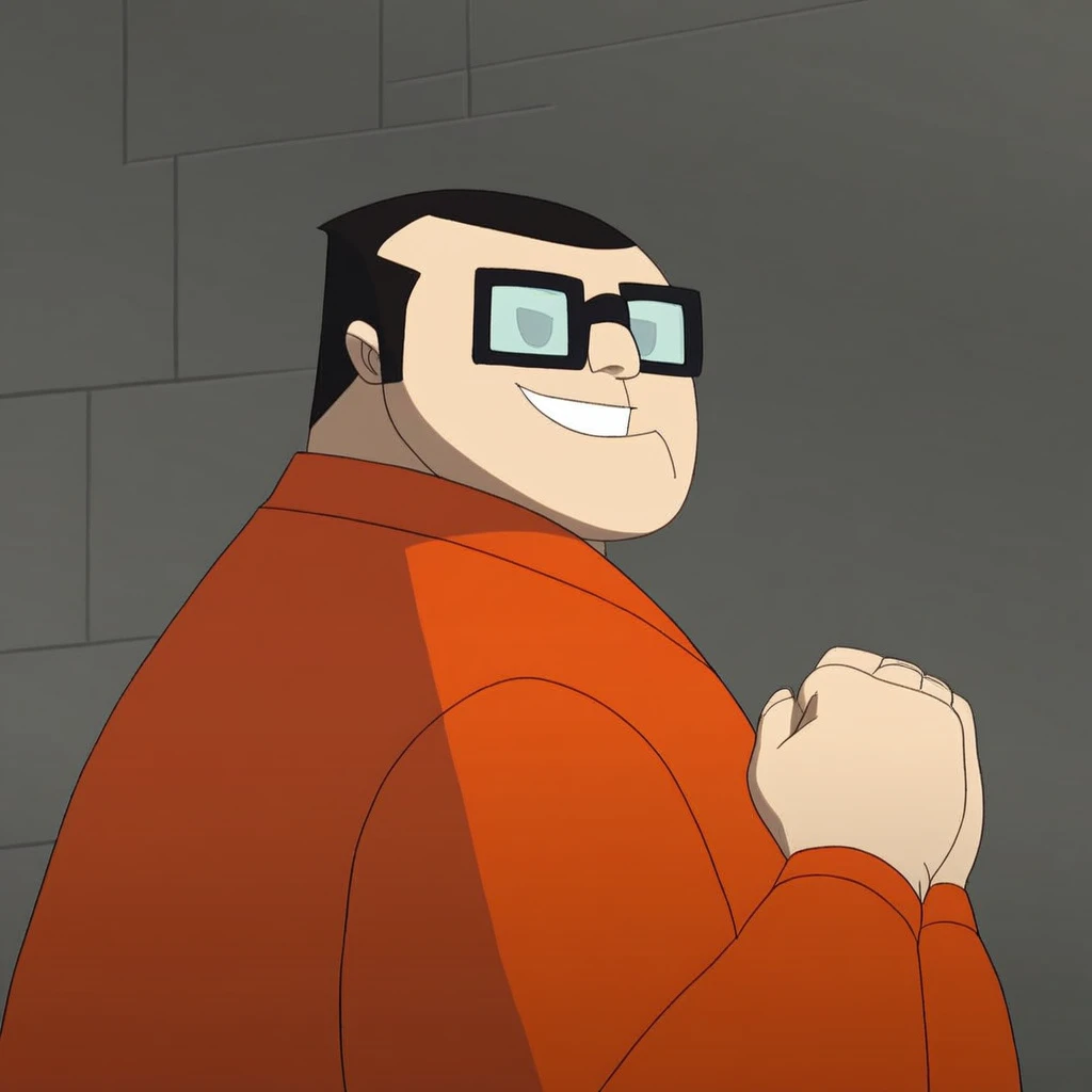 upper body, own hands together, from behind, fat, black-framed eyewear, smile, closed mouth, orange jacket, grin