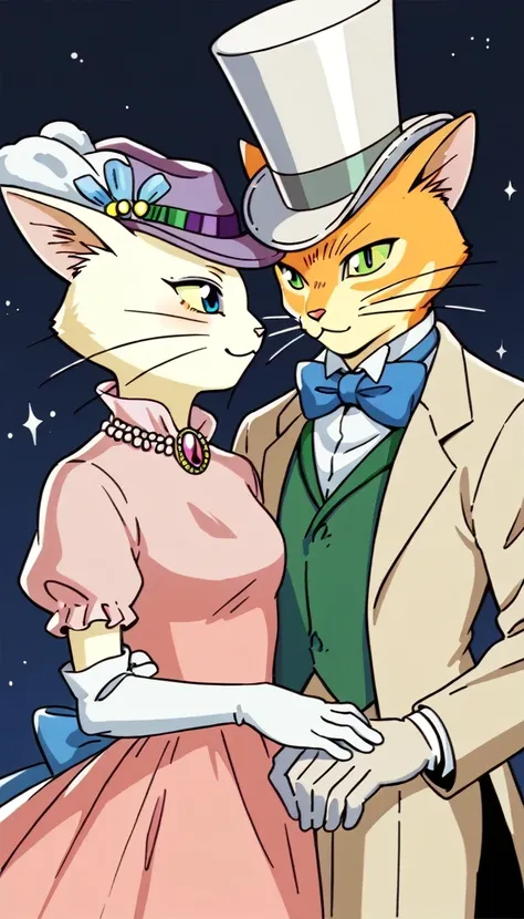 score_9, score_8, high quality, cinematic lighting shaded, baroness louise, white fur, cat, female cat, blue eyes, anthro, baron humbert, ginger fur, blue eyes, cat, male, anthro, suit, tuxedo, blue bow-tie, blow-tie, white gloves, 1girl, furry, hat, 1boy,...