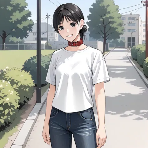 <lora:Ndy_KanaXLpony001>,
outdoors,
smile,
solo,
Kana,1girl,black hair,single hair bun,black eyes,
collar,
white shirt,short_sleeves,jeans pants,
standing,