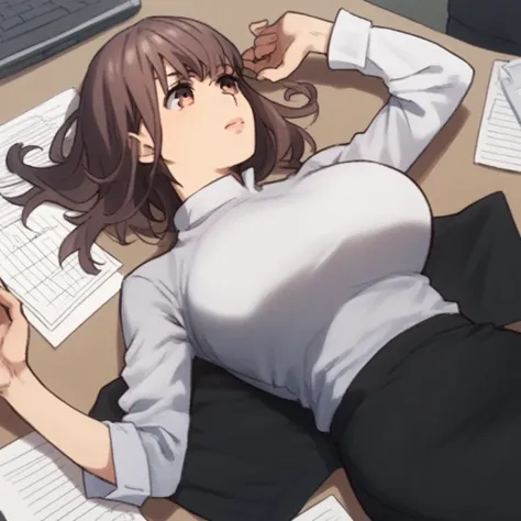 score_9, score_8_up, 1girl, manami, bangs, brown hair, brown eyes, large breasts, pencil suit, desk, lying on back