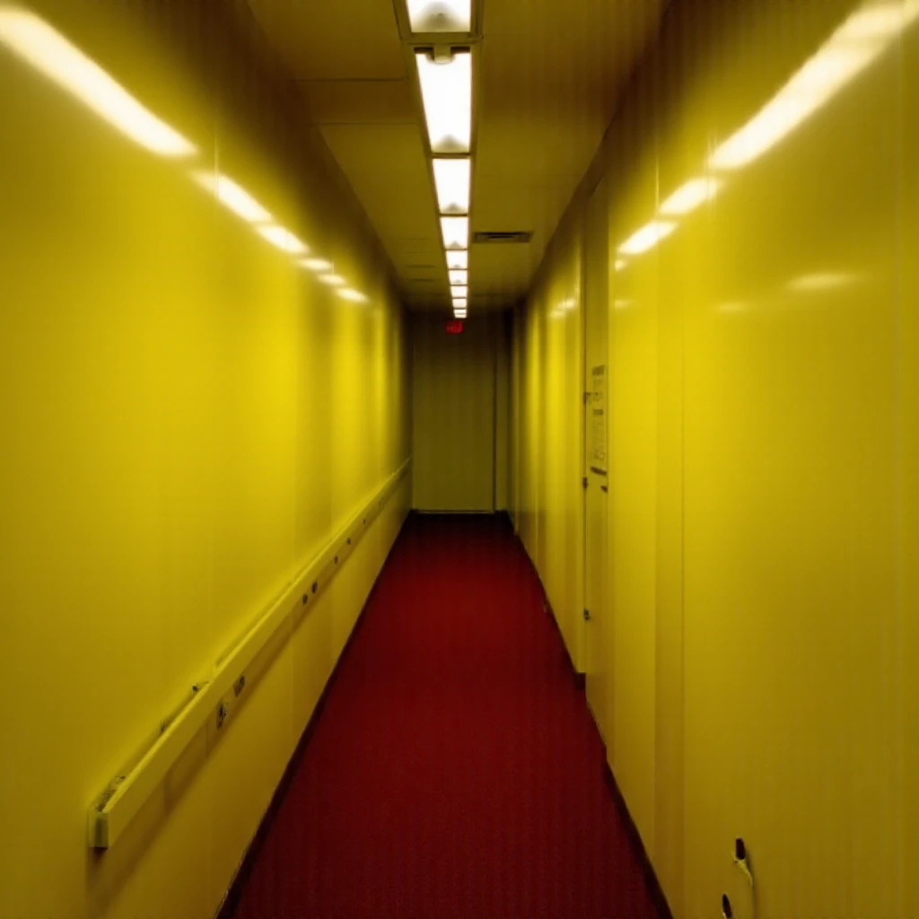 limspace, liminal, A yellow and red carpeted corridor in the basement of an office building, low-angle camera view, with a small corner illuminated by a single fluorescent light bulb hanging from the ceiling, with a metal handrail on each wall. In the styl...