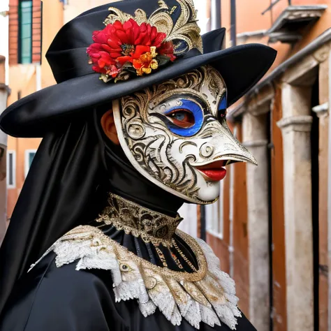 masterpiece, best quality, intricate photo, close-up photo, venetian carnival, beautiful woman wearing half face pest doctor pest mask, background empty alley, photo realistic, highly detailed, sharp focus, high resolution, studio lighting, 8K, colorful, f...