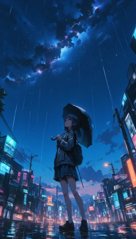  girl, standing, holding a umbrella, rain, lookup the sky