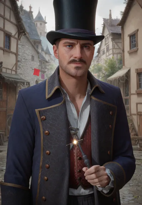 score_9, score_8_up, vest, top hat, coat, mustache, facial hair, white shirt, blue eyes, VictorRookwood, holding a wand, casting magic, looking at viewer, old english town, smirk, Expressiveh,