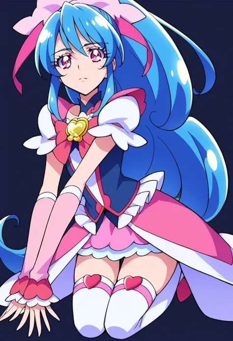 score_9, score_8, score_7, source_anime, pretty cure, detached sleeves, zettai ryouiki, arm warmers, blue hair, hair ribbon, high ponytail, elbow gloves, puffy short sleeves, white thighhighs, pink eyes