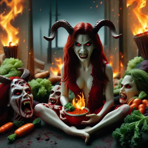 horns, fire, long hair, death, teeth, vegetable, red eyes, barefoot, food, breasts